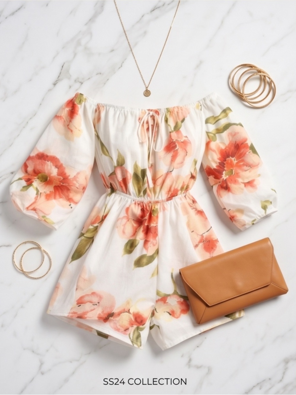 Elegant , White Floral light weight,
Orange Romper with Peach , Olive accents.